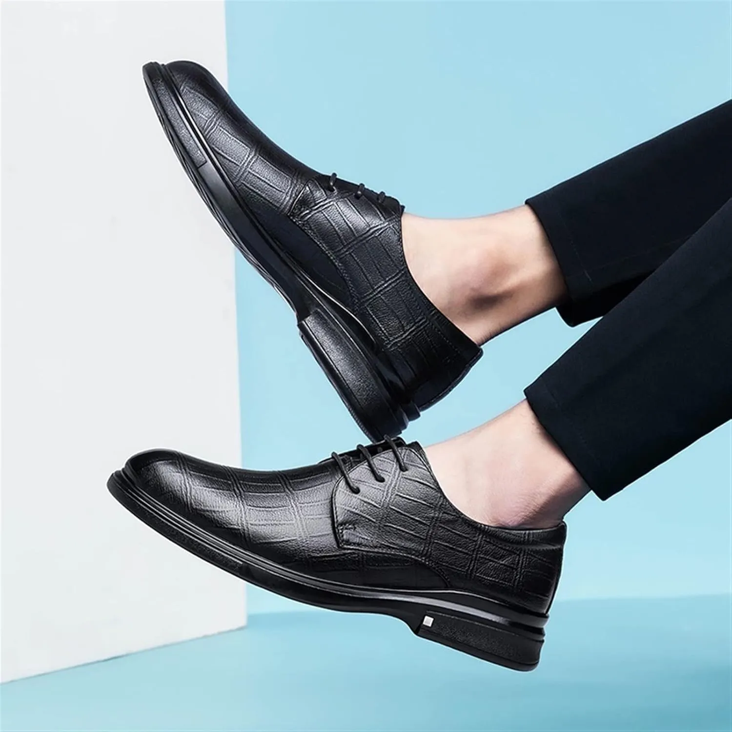 HOOENG Shoes Dress Oxford for Men Lace Up Derby Shoes Plaid Round Toe Leather Block Heel Low Top Non Slip Anti-Slip Wedding