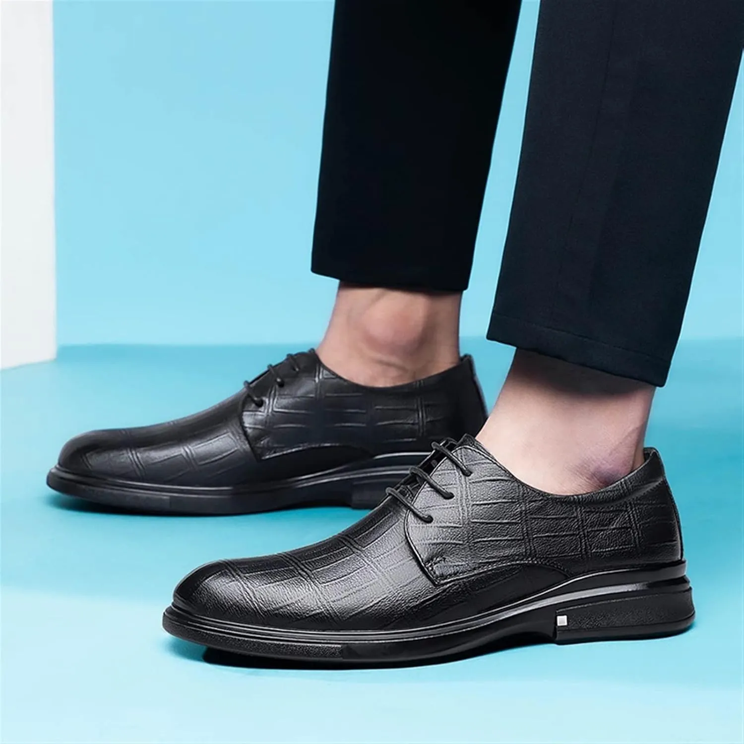 HOOENG Shoes Dress Oxford for Men Lace Up Derby Shoes Plaid Round Toe Leather Block Heel Low Top Non Slip Anti-Slip Wedding