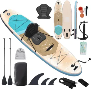 Inflatable 10.5' Stand Up Paddle Board with Strapped Seat, Premium SUP Board Kit, Includes Paddle, Pump, Backpack, Waterproof Bag, Perfect for Yoga, Fishing, and Surfing, Dark Blue & Red
