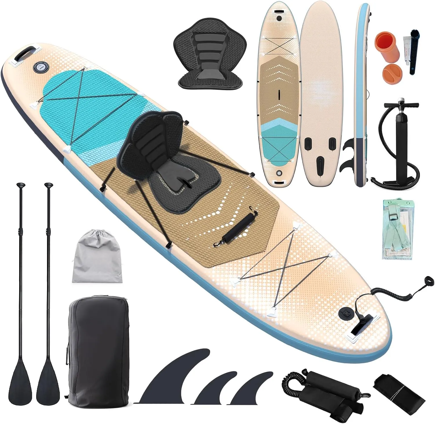 Inflatable 10.5' Stand Up Paddle Board with Strapped Seat, Premium SUP Board Kit, Includes Paddle, Pump, Backpack, Waterproof Bag, Perfect for Yoga, Fishing, and Surfing, Dark Blue & Red