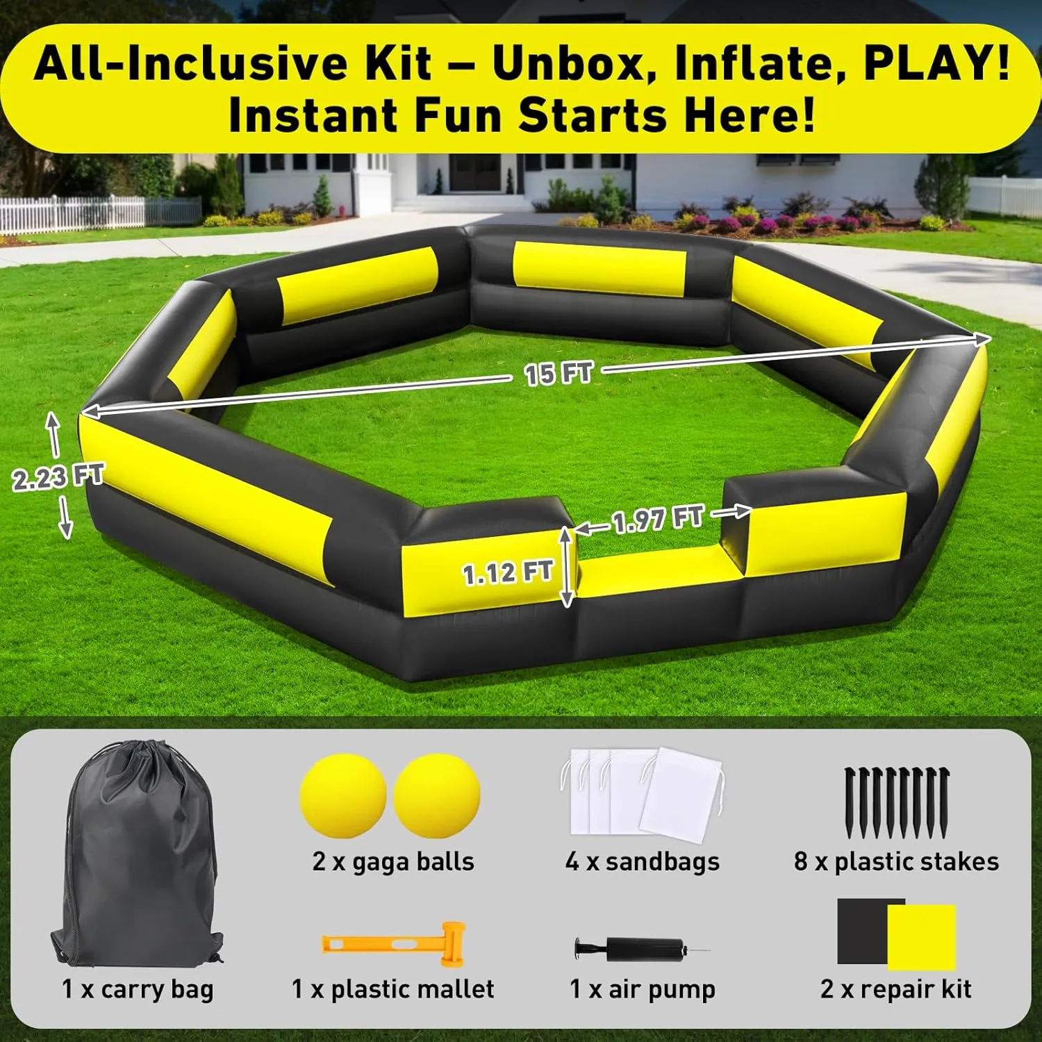 Inflatable Gaga Ball Pit Kit 15ft, Portable Gaga Ball Pit for Indoor Outdoor Game, Backyard, Park, School, Camp, Home | Gaga Pit with Built-in Blower, Gaga Ball, Carry Bag, Sandbags, Patches etc