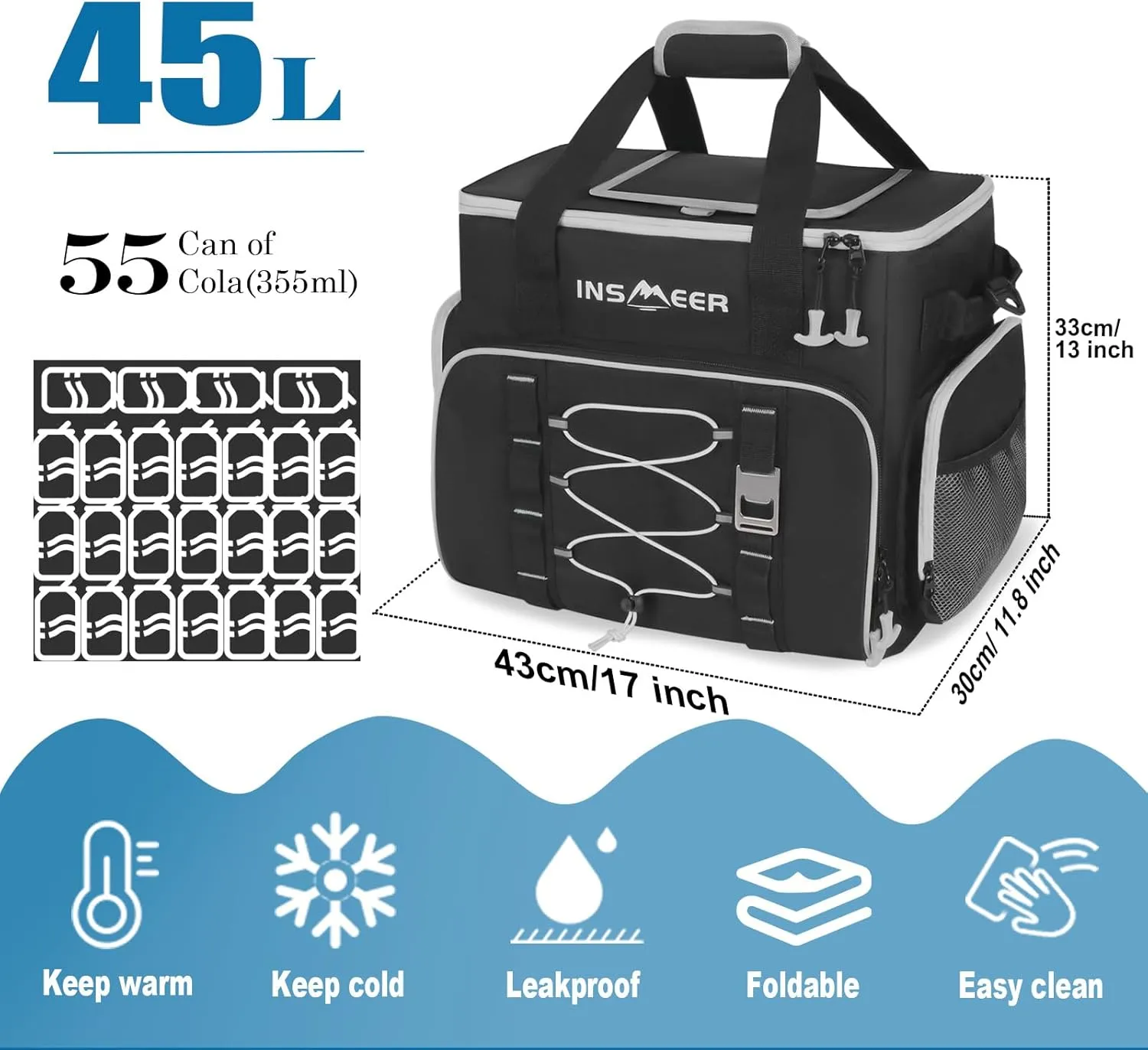 INSMEER Soft Cooler Bag 45L/55Cans, Beach Cooler with Hard Liner, Soft Sided Cooler and Collapsible Coolers Leakproof, Portable Insulated Cooler for Beach, Camping,Travel & Grocery Shopping