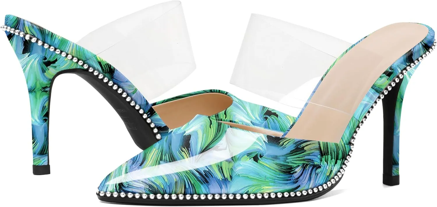Joseywade Women's Heeled Mules Beaded Sandals Stilettos Heels Pointed Closed Toe Clear PVC Ankle Strap Patent Fashion Dress Shoes