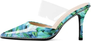 Joseywade Women's Heeled Mules Beaded Sandals Stilettos Heels Pointed Closed Toe Clear PVC Ankle Strap Patent Fashion Dress Shoes
