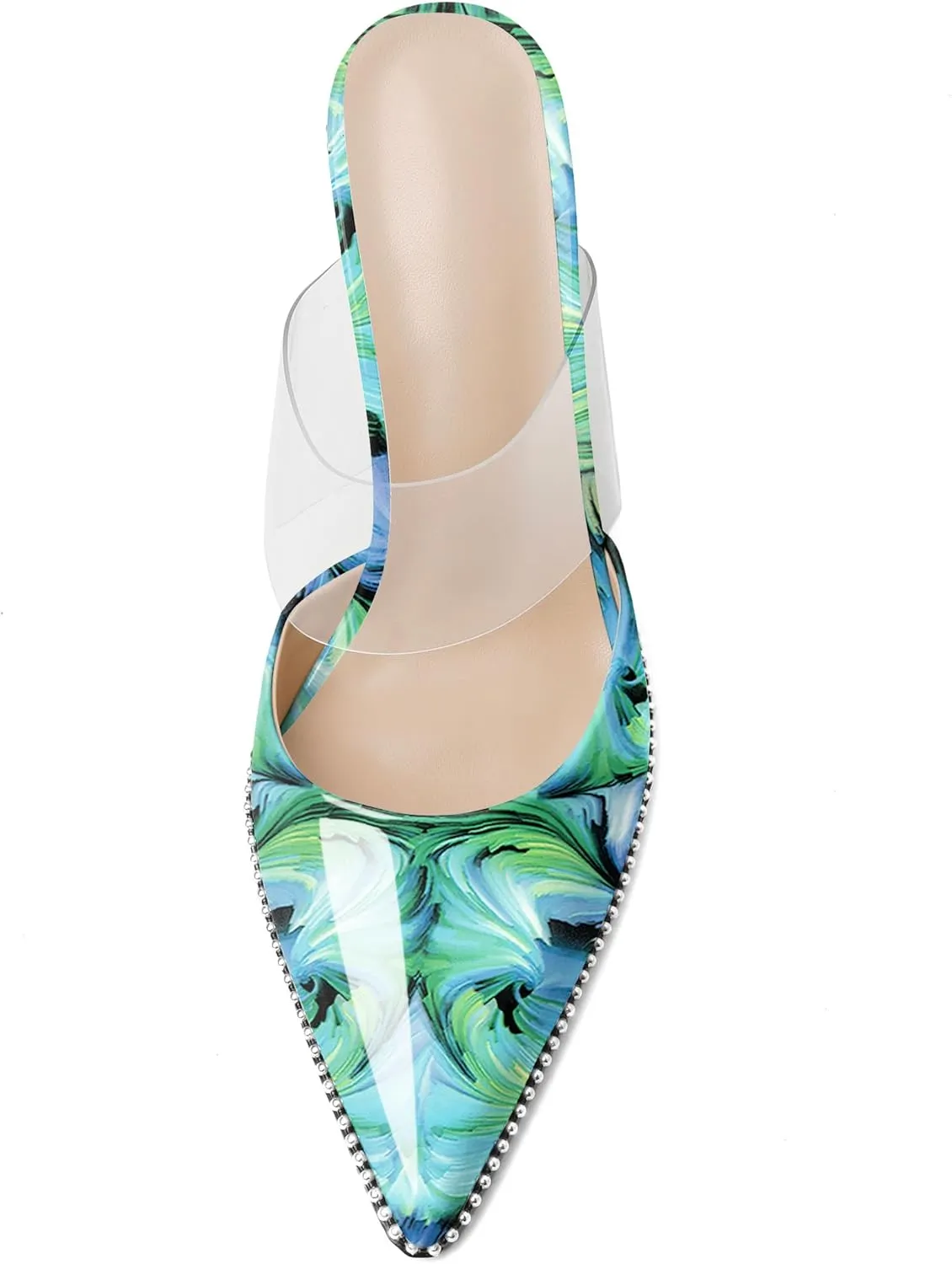 Joseywade Women's Heeled Mules Beaded Sandals Stilettos Heels Pointed Closed Toe Clear PVC Ankle Strap Patent Fashion Dress Shoes