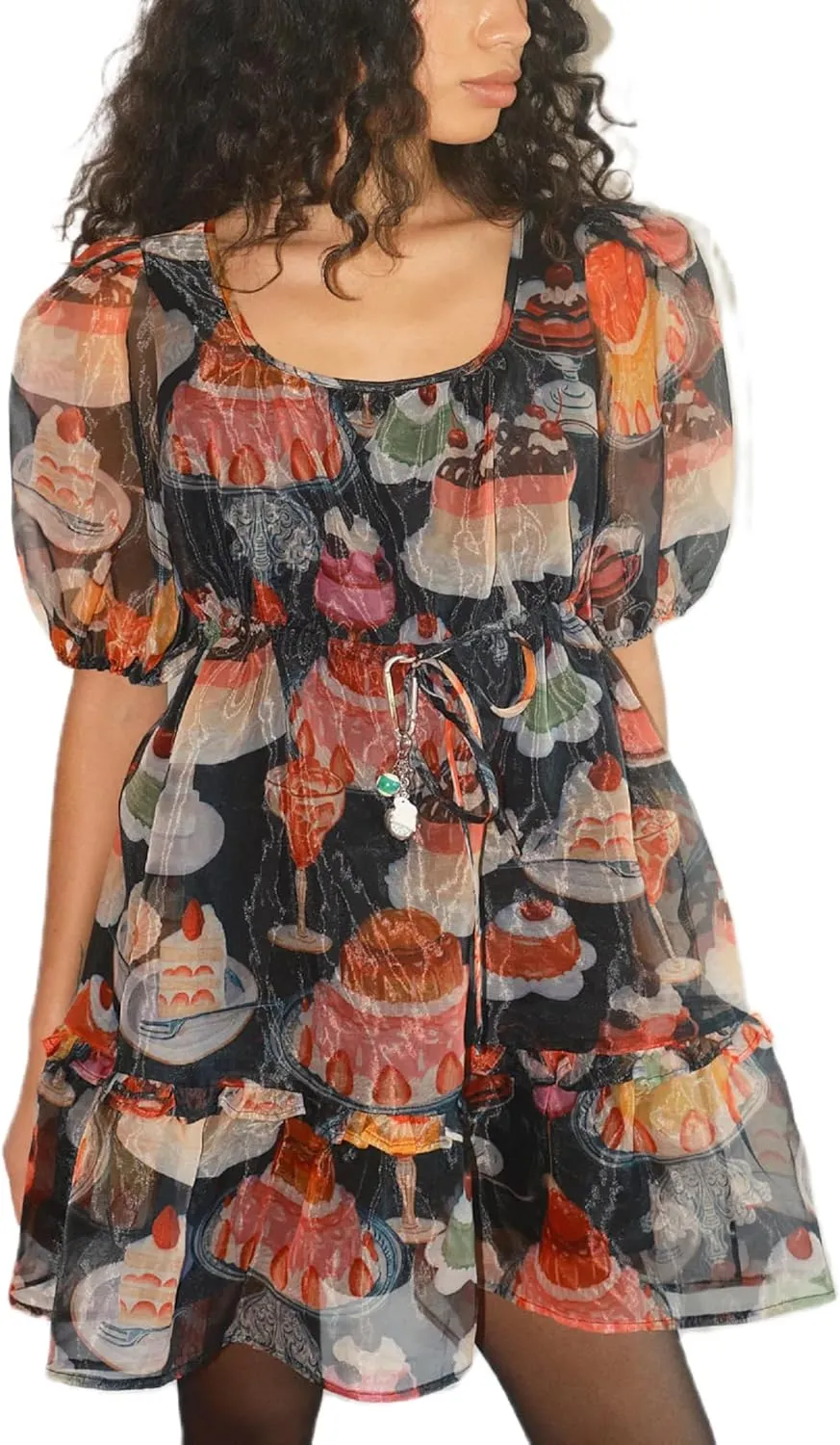 Juakoso Women Short Puff Sleeve Babydoll Dress Cute Print Bow Tie A-line Ruffle Mini Dress Casual Pleated Going Out Dress