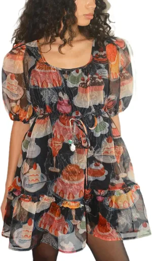 Juakoso Women Short Puff Sleeve Babydoll Dress Cute Print Bow Tie A-line Ruffle Mini Dress Casual Pleated Going Out Dress
