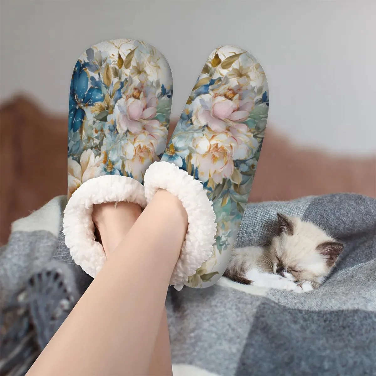 KOBLEN Flowers Oil Paint Slippers for Women House Shoes with Fleece Lining Wide Comfy Full Slippers Lightweight Cozy Loafer with Rubber Sole Unisex Slippers Adults for Indoor Outdoor