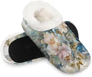 KOBLEN Flowers Oil Paint Slippers for Women House Shoes with Fleece Lining Wide Comfy Full Slippers Lightweight Cozy Loafer with Rubber Sole Unisex Slippers Adults for Indoor Outdoor