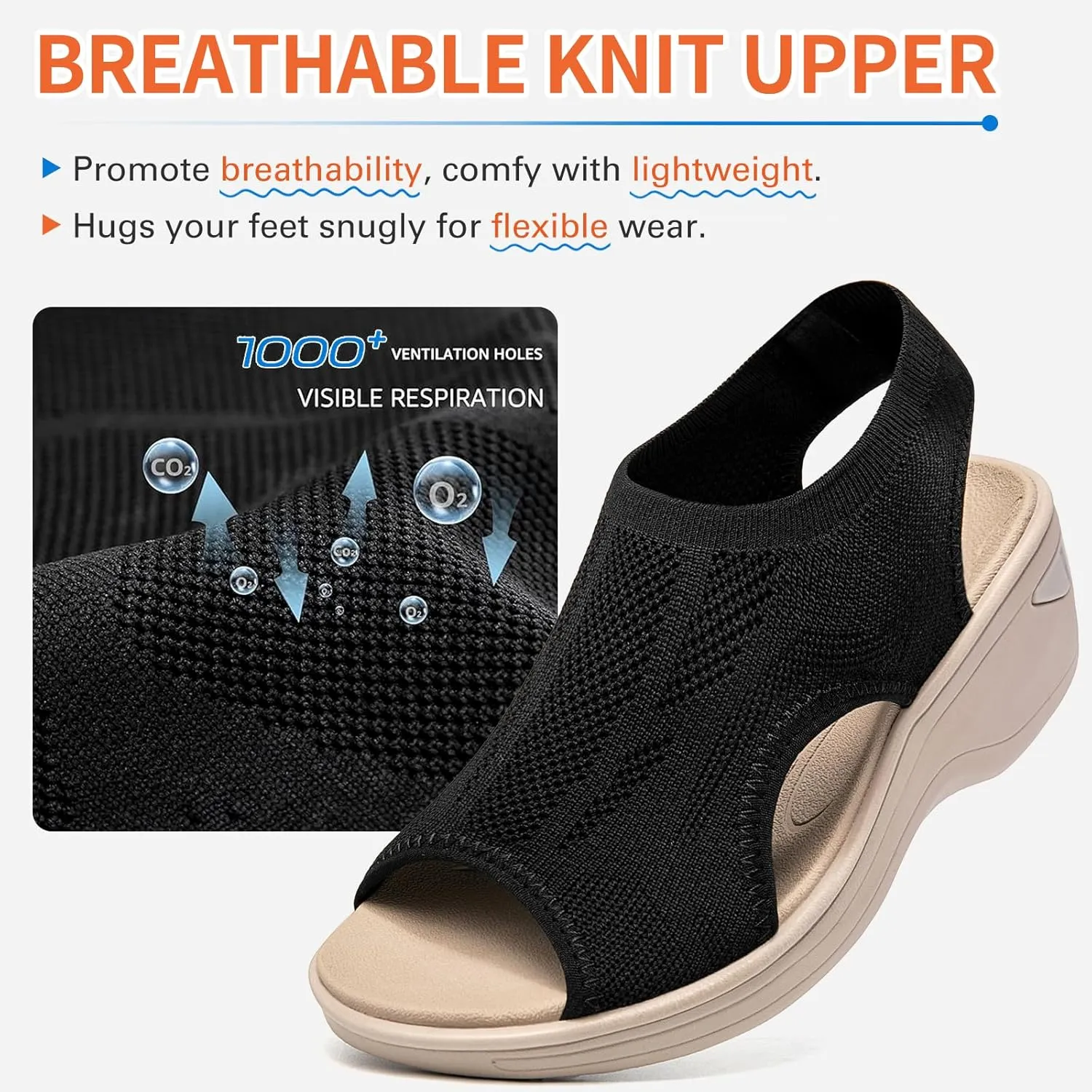 KOIMED Women's Comfortable Platform Walking Sandals With Memory Foam Open Toe Lightweight Breathable Soft Mesh Washable For Summer Travel Casual Beach Outdoor Sport