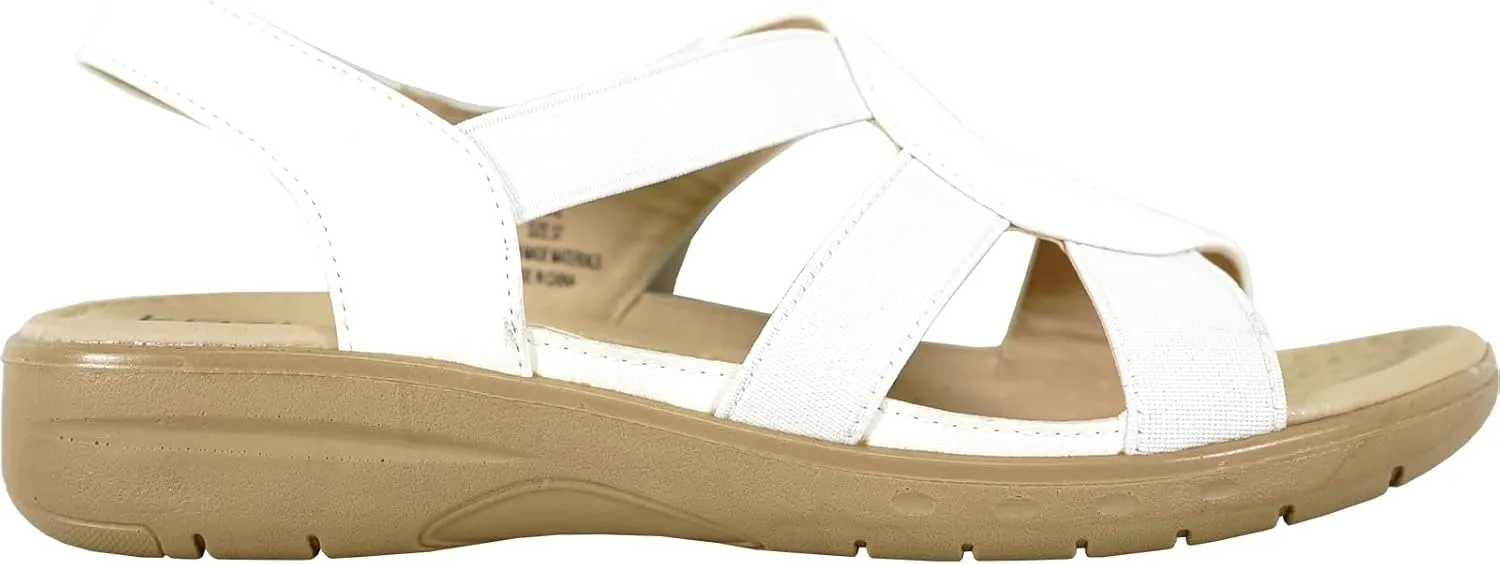 KOZI Women Comfort Casual Wedge Sandal Slip-On Loafer OY3132 Elasticized Band Open Round Toe Black Flower Navy Red White