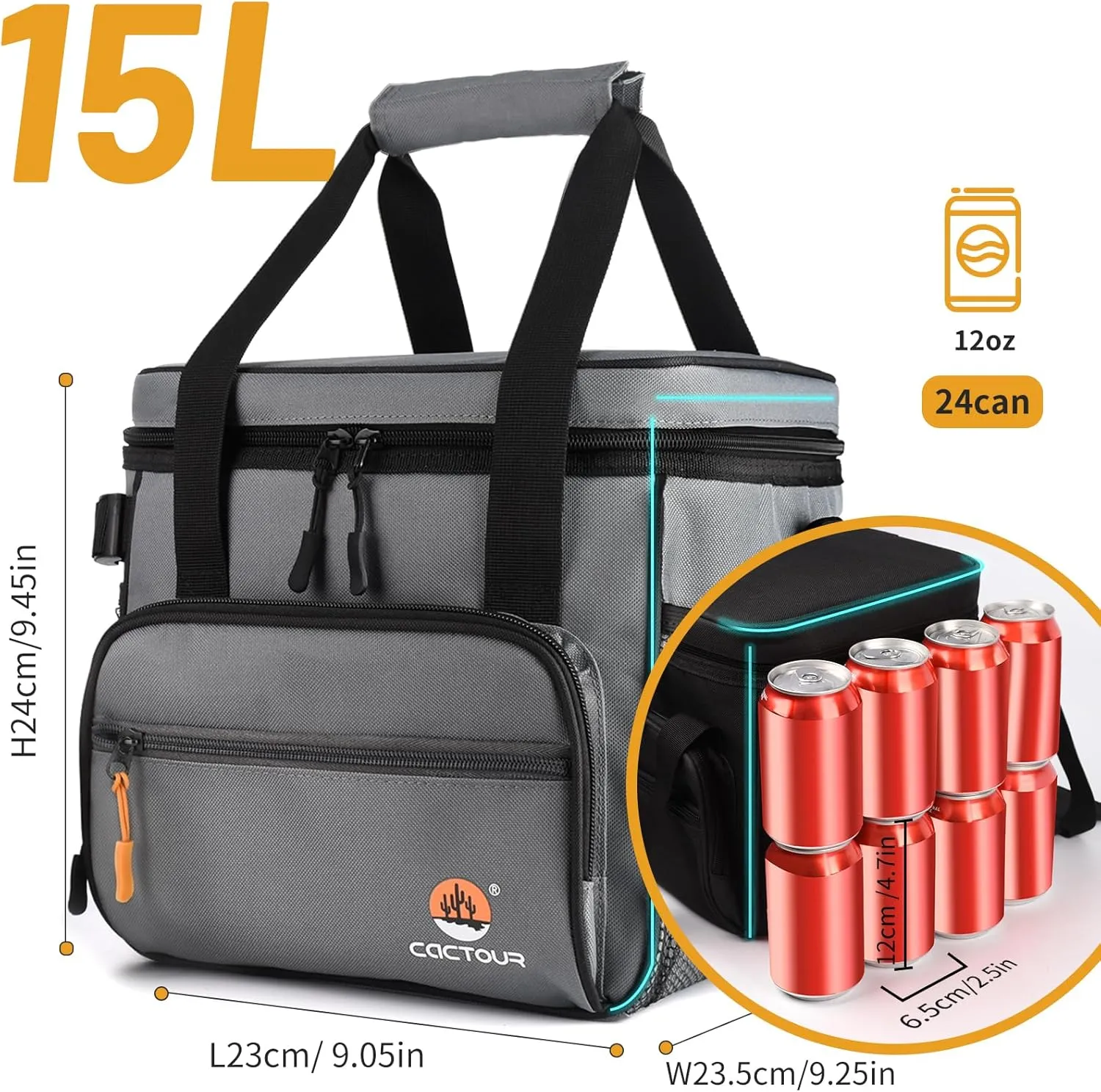Large Lunch Bag Insulated Lunch Box,Freezable Lunch Cooler Bag for Adult Men Women- 15L Insulated Lunch Bag Leakproof Mens Lunchbox for Work Office Picnic (Gray)