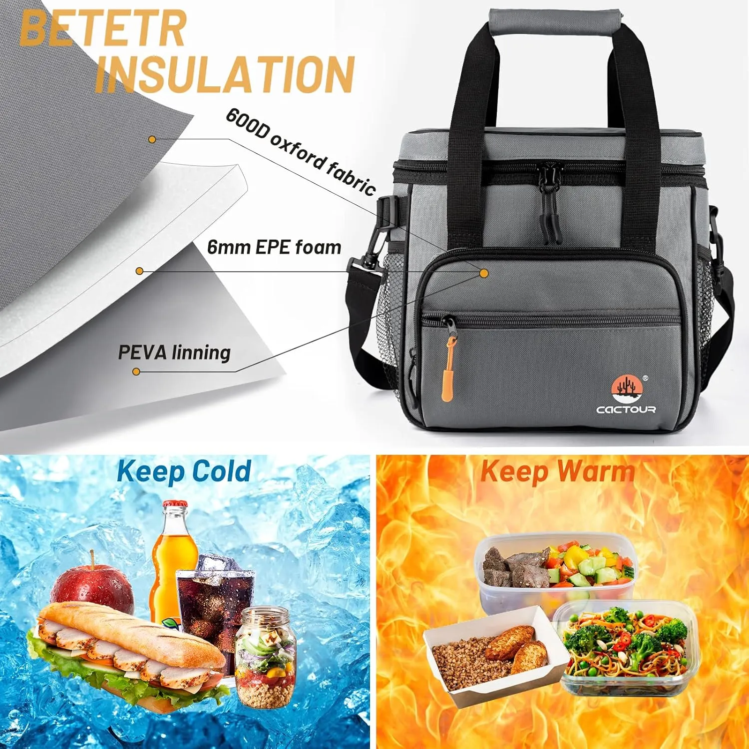 Large Lunch Bag Insulated Lunch Box,Freezable Lunch Cooler Bag for Adult Men Women- 15L Insulated Lunch Bag Leakproof Mens Lunchbox for Work Office Picnic (Gray)