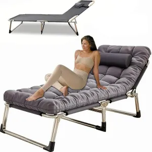 Leo IRis Portable Folding Camping Cot, Oversize Adjustable 5-Position Adults Reclining Lounge Chairs with Pillow, Heavy Duty Oxford Cloth 600D with Mattress (Gray - Upgrade Bed (with Mat))