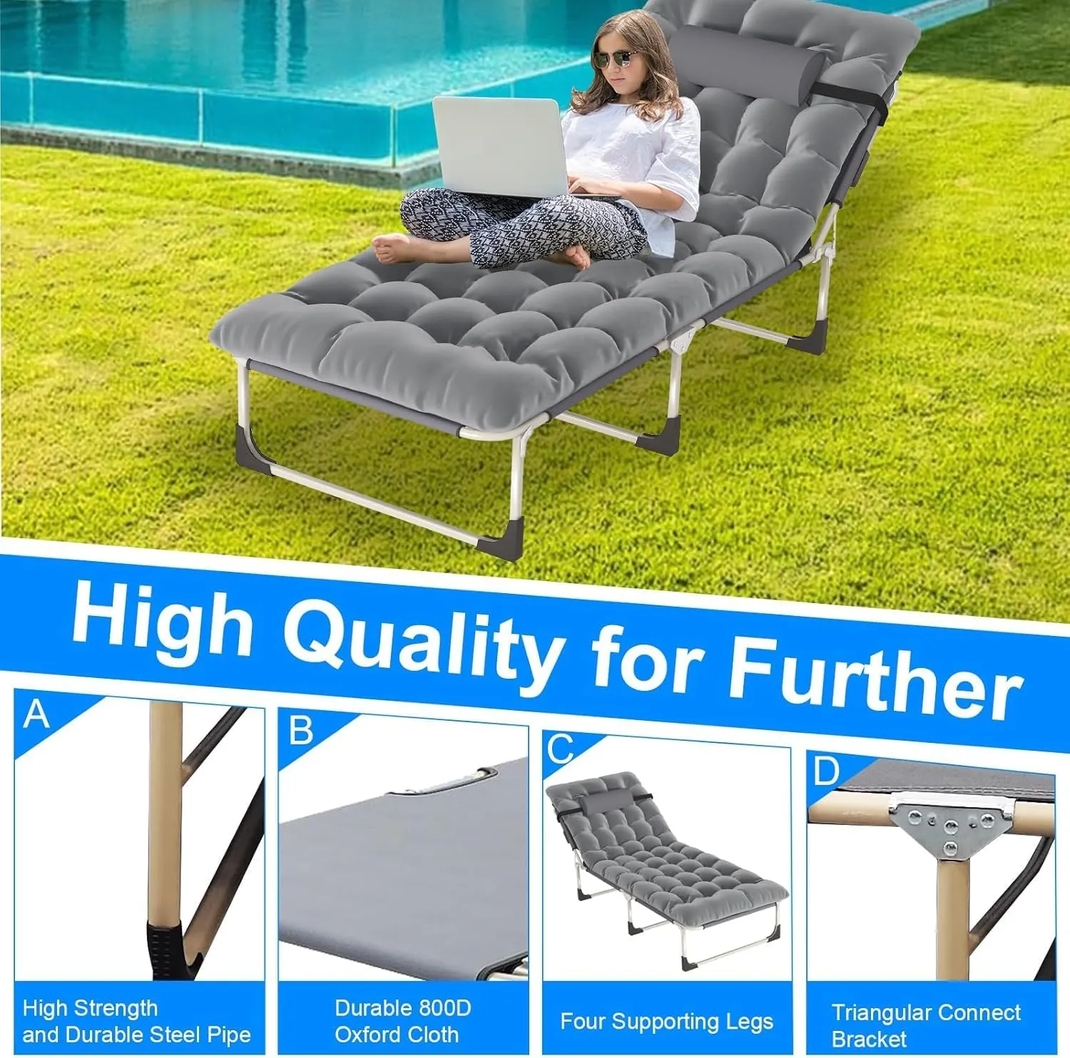 Leo IRis Portable Folding Camping Cot, Oversize Adjustable 5-Position Adults Reclining Lounge Chairs with Pillow, Heavy Duty Oxford Cloth 600D with Mattress (Gray - Upgrade Bed (with Mat))