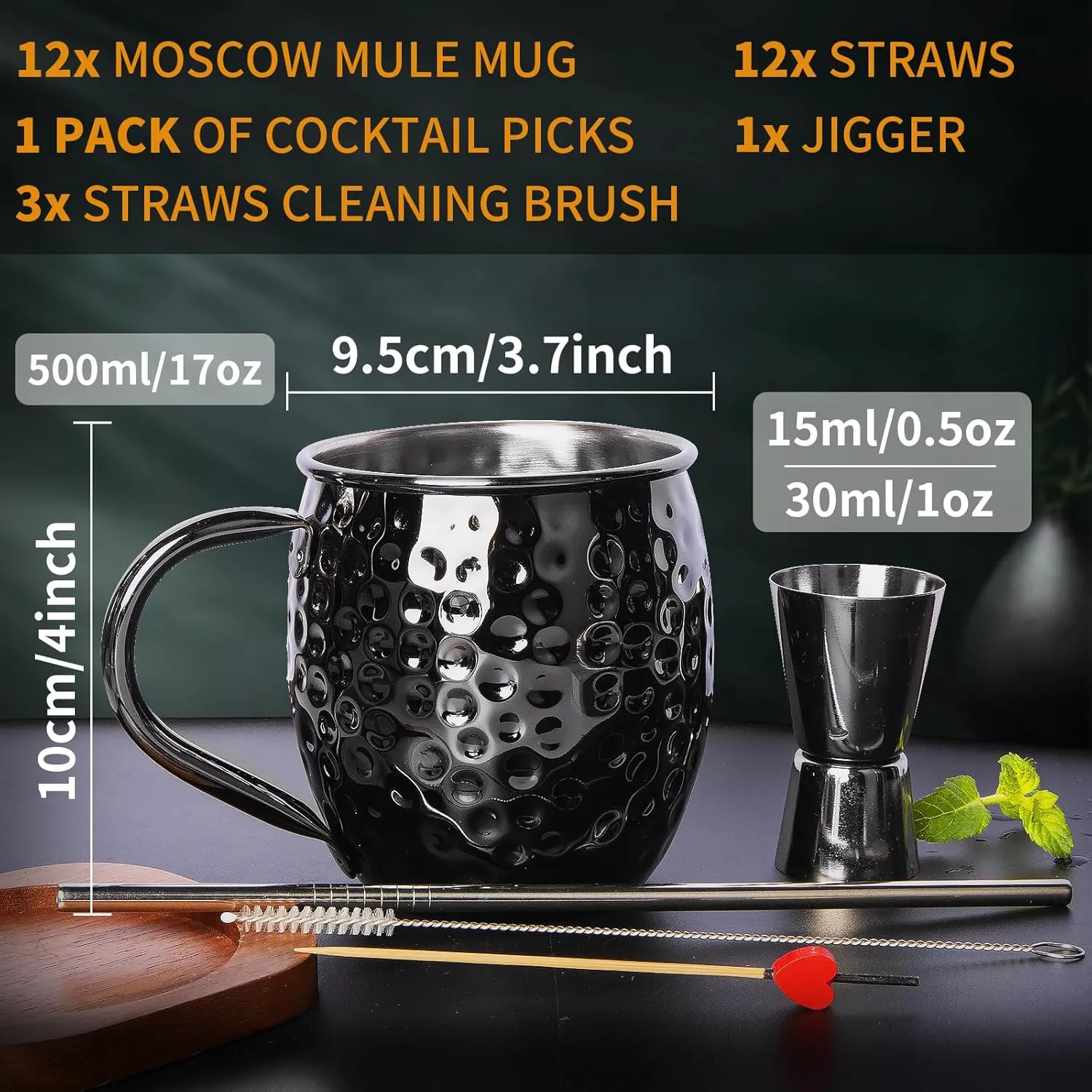 LINALL Moscow Mule Mugs- Set of 12 Black Plated 18oz Stainless Steel Mug Double Jigger Chilled Drink Cocktail Mug (Round 12pcs)