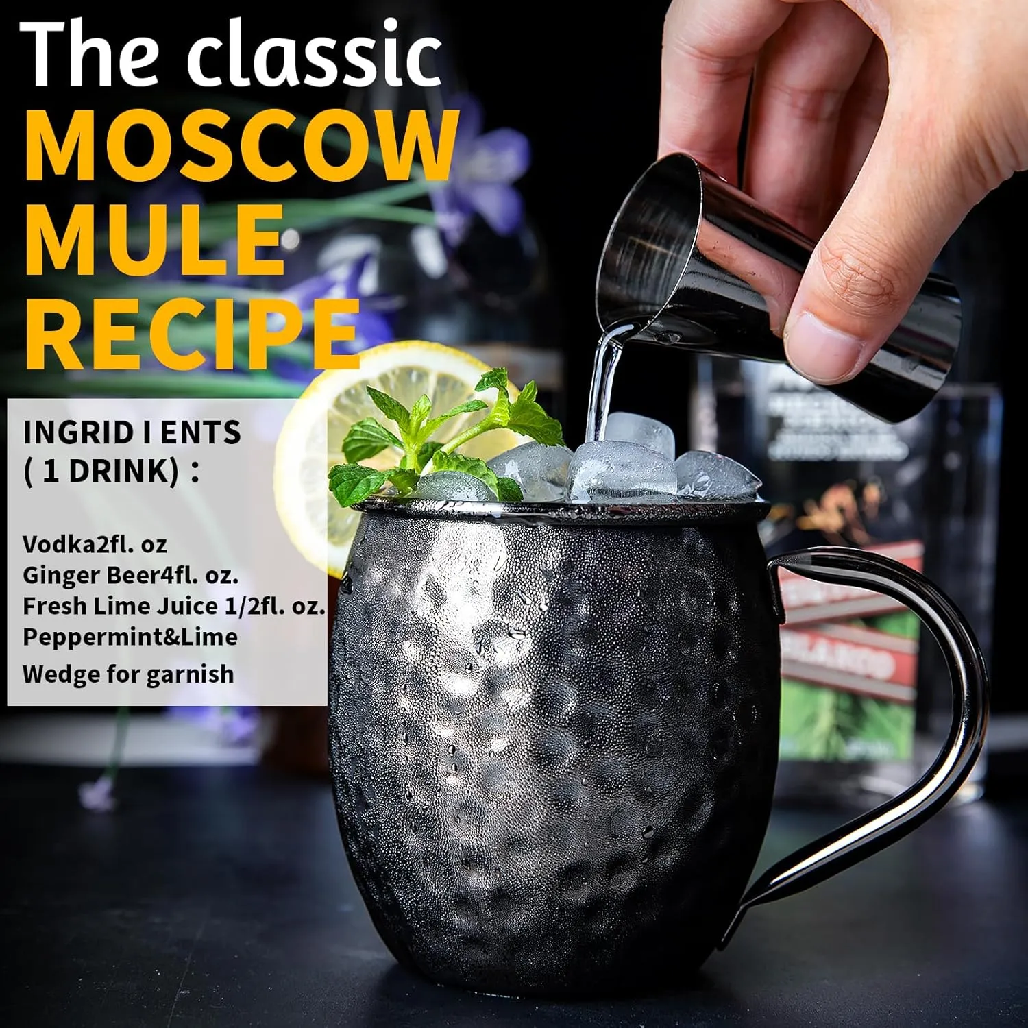LINALL Moscow Mule Mugs- Set of 12 Black Plated 18oz Stainless Steel Mug Double Jigger Chilled Drink Cocktail Mug (Round 12pcs)