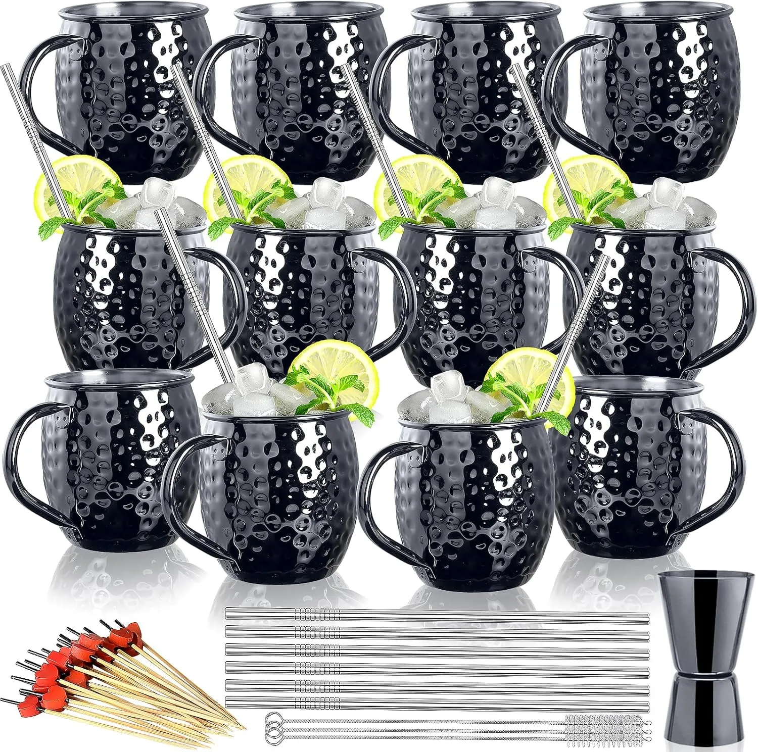 LINALL Moscow Mule Mugs- Set of 12 Black Plated 18oz Stainless Steel Mug Double Jigger Chilled Drink Cocktail Mug (Round 12pcs)