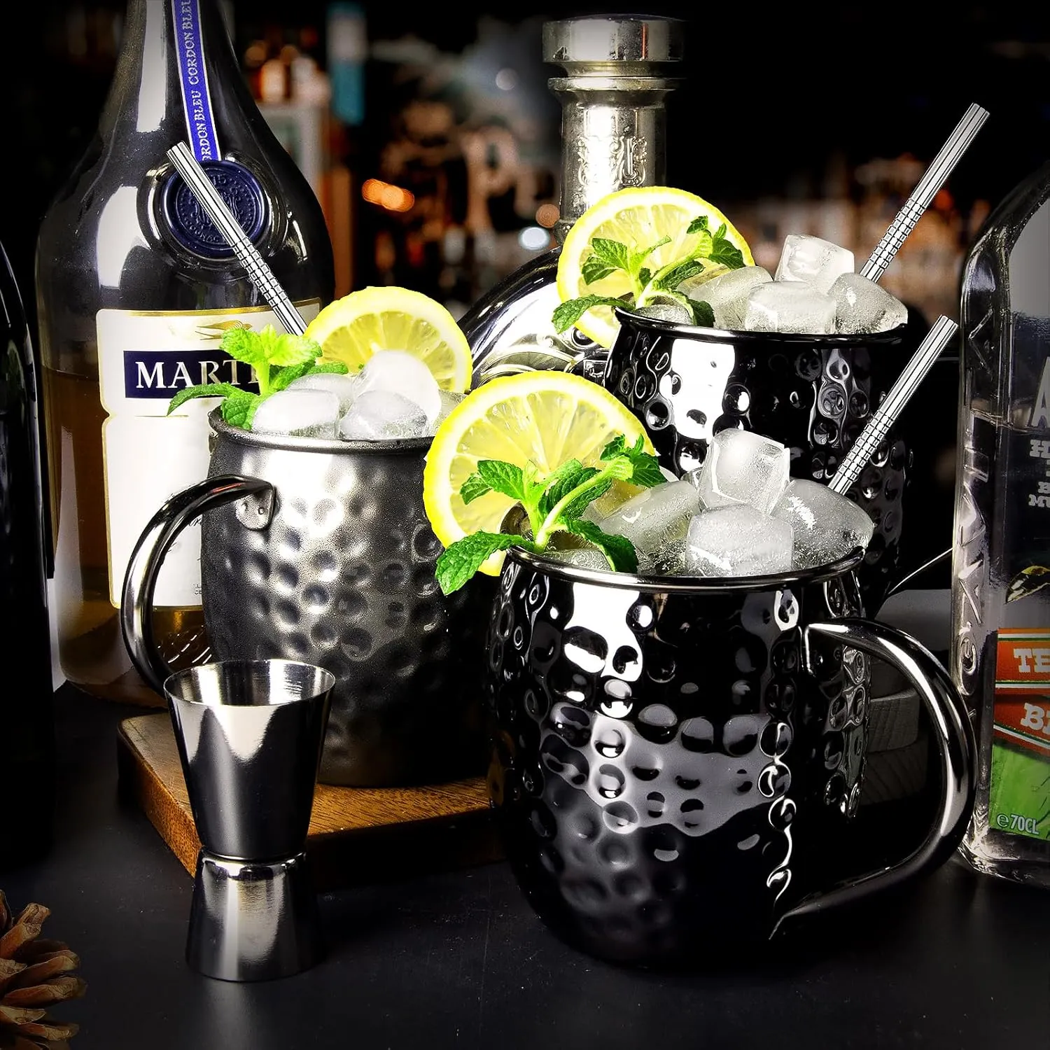 LINALL Moscow Mule Mugs- Set of 12 Black Plated 18oz Stainless Steel Mug Double Jigger Chilled Drink Cocktail Mug (Round 12pcs)