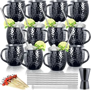 LINALL Moscow Mule Mugs- Set of 12 Black Plated 18oz Stainless Steel Mug Double Jigger Chilled Drink Cocktail Mug (Round 12pcs)