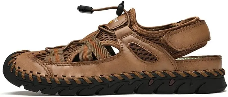 LLTMALL Men's Walking Sandals Closed Toe Breathable Sandals Leather Lace Adjustable Summer Water Sandals Shoes