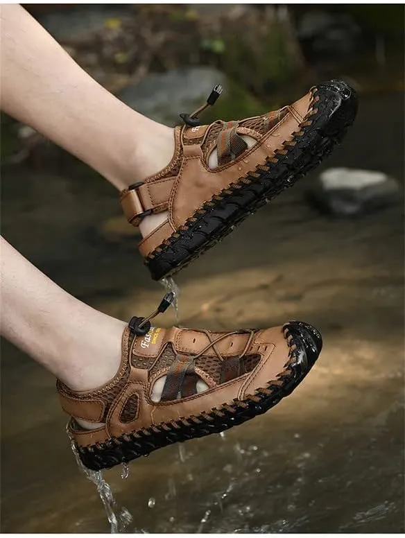 LLTMALL Men's Walking Sandals Closed Toe Breathable Sandals Leather Lace Adjustable Summer Water Sandals Shoes