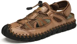 LLTMALL Men's Walking Sandals Closed Toe Breathable Sandals Leather Lace Adjustable Summer Water Sandals Shoes