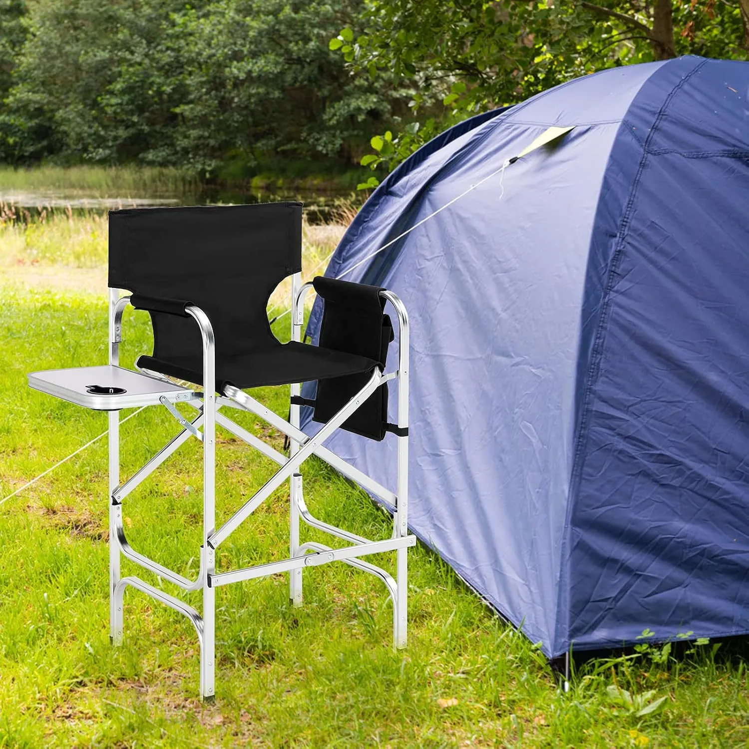 mefeir 31" Tall Folding Director Camping Chair with Side Table,Portable Makeup Artist Bar Height, Aluminum Frame 300 lbs Capacity, 19.2" D x 23.6" W x 45.6" H