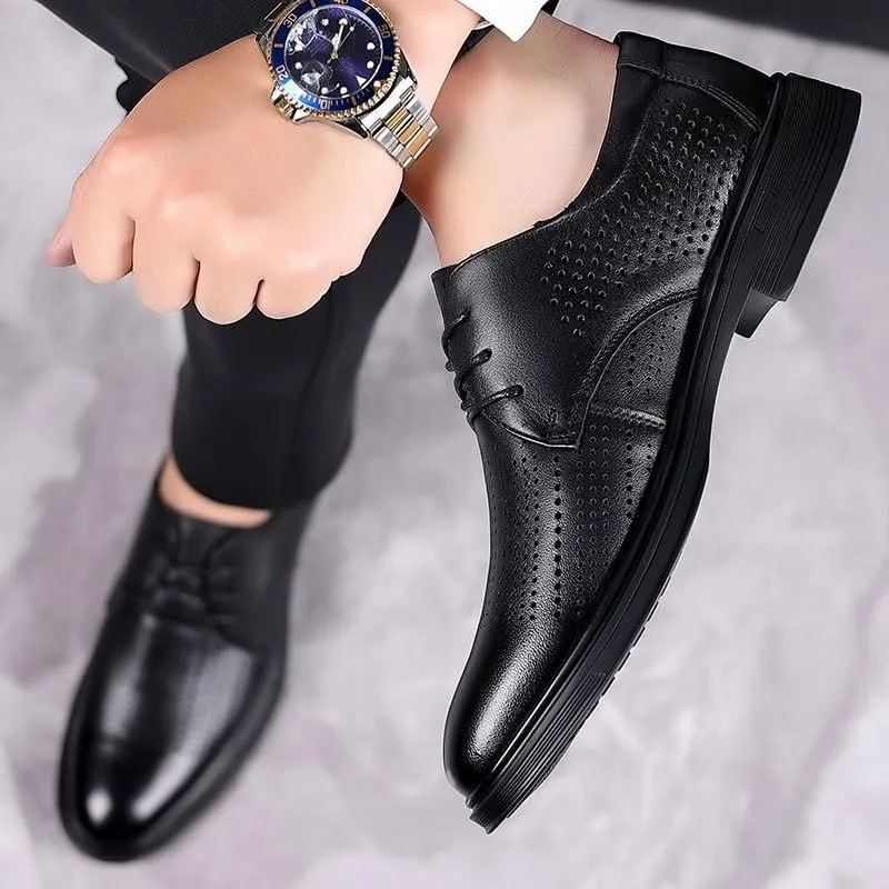 Men's Breathable Leather Oxfords Shoes Casual Wedding Low Derby Shoes Summer Hollowout Dress Shoes for Men(9)