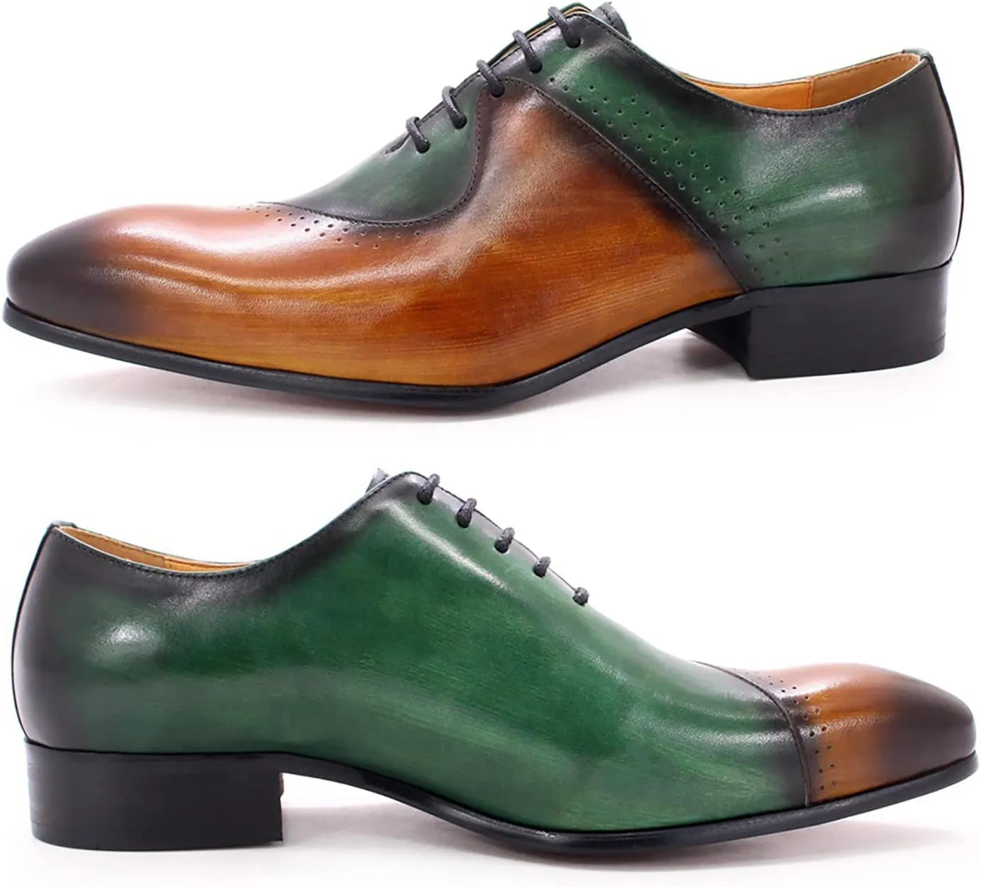 Mens Brown and Green Leather Uniform Shoes Dress Formal Lace Up Derby Shoe Classic Work Oxfords Office Wedding,Brown-42