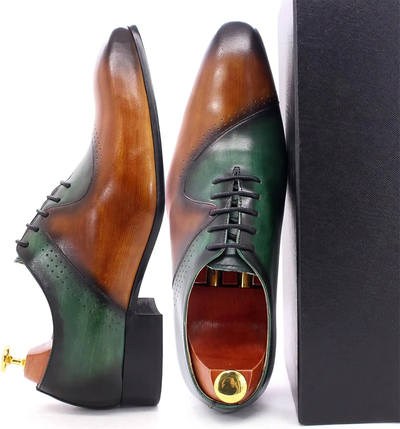 Mens Brown and Green Leather Uniform Shoes Dress Formal Lace Up Derby Shoe Classic Work Oxfords Office Wedding,Brown-42