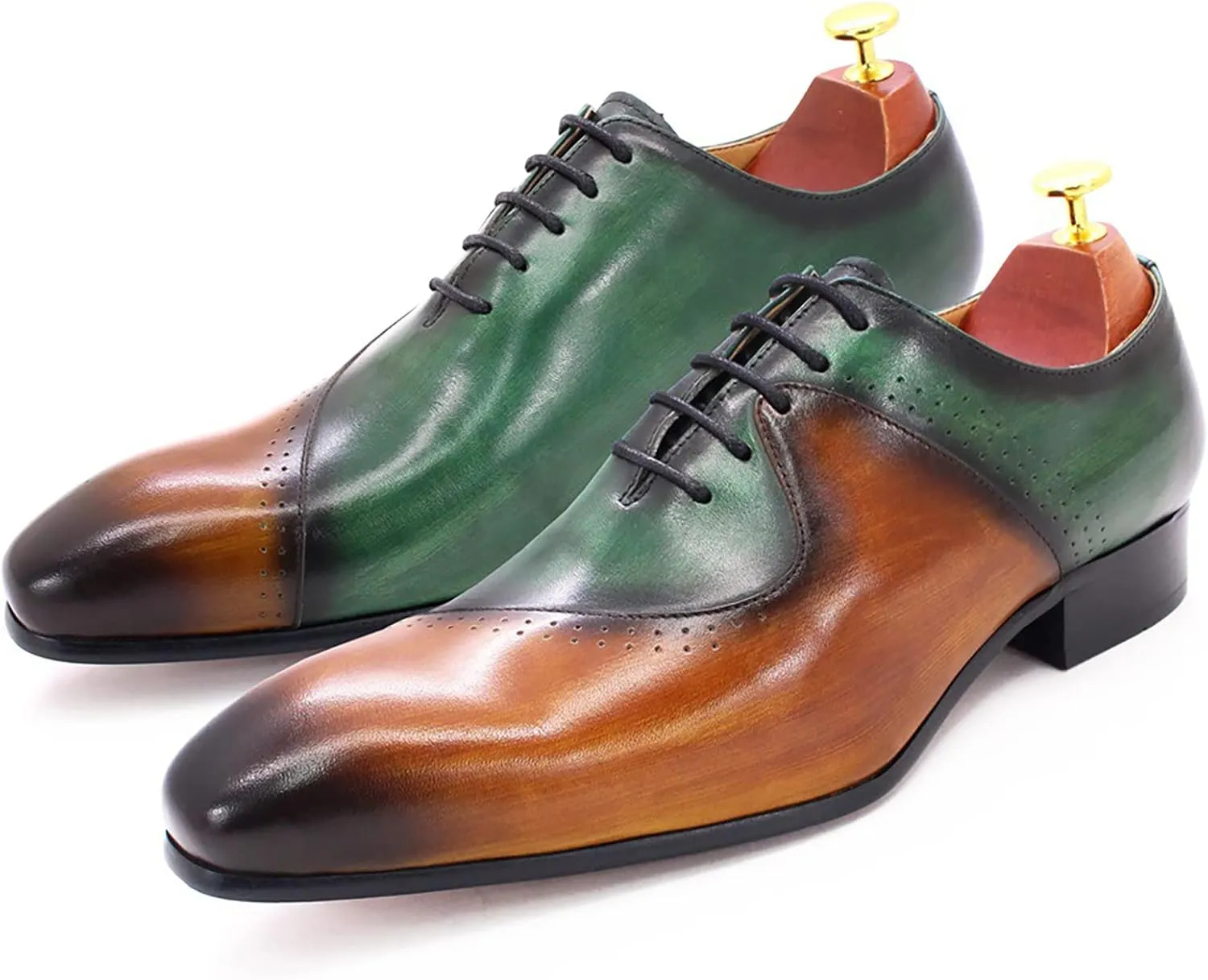 Mens Brown and Green Leather Uniform Shoes Dress Formal Lace Up Derby Shoe Classic Work Oxfords Office Wedding,Brown-42