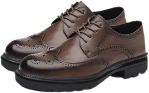 Mens Brown Leather Brogue Dress Shoes British Style Genuine Leather Oxford Business Formal Office Wedding Shoes