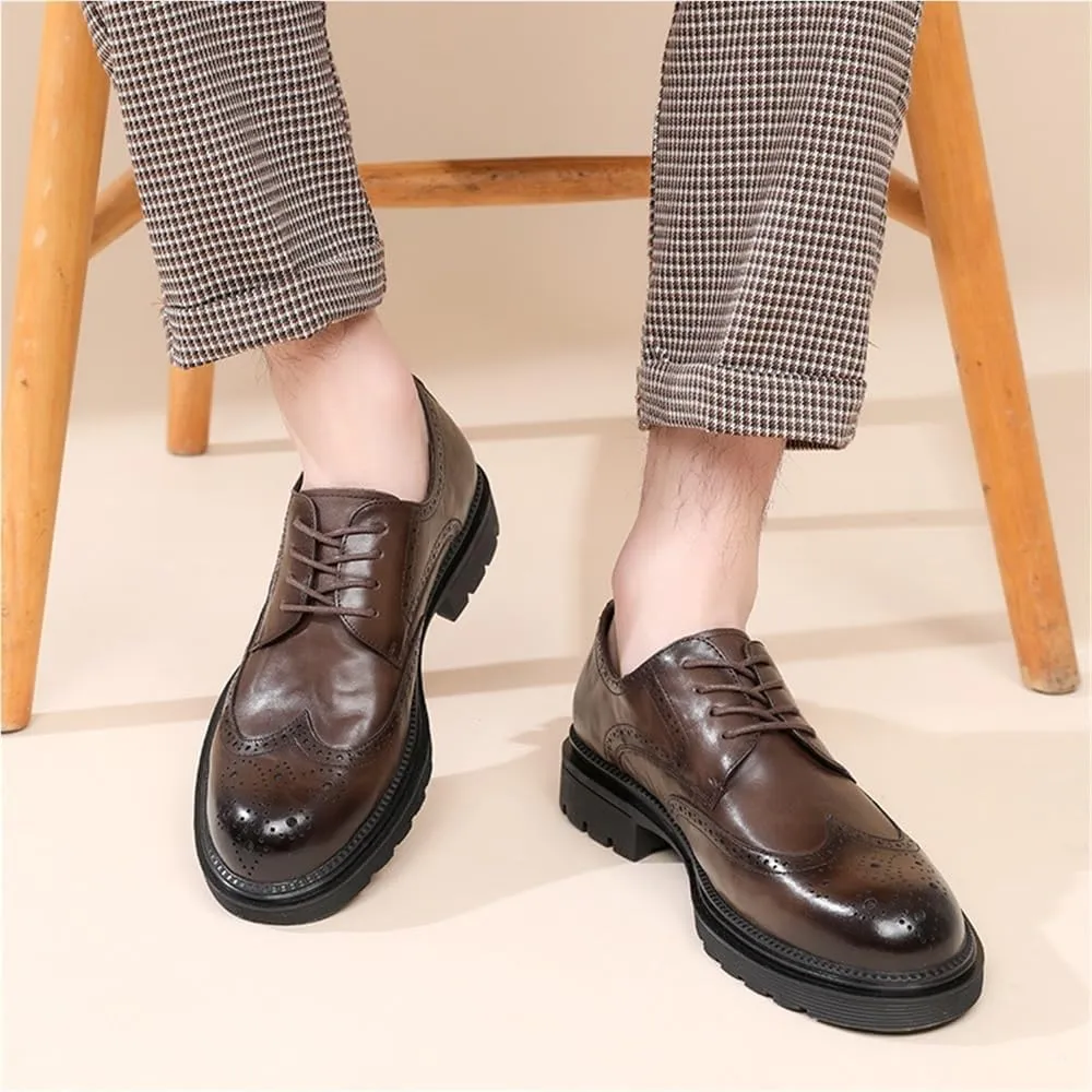 Mens Brown Leather Brogue Dress Shoes British Style Genuine Leather Oxford Business Formal Office Wedding Shoes