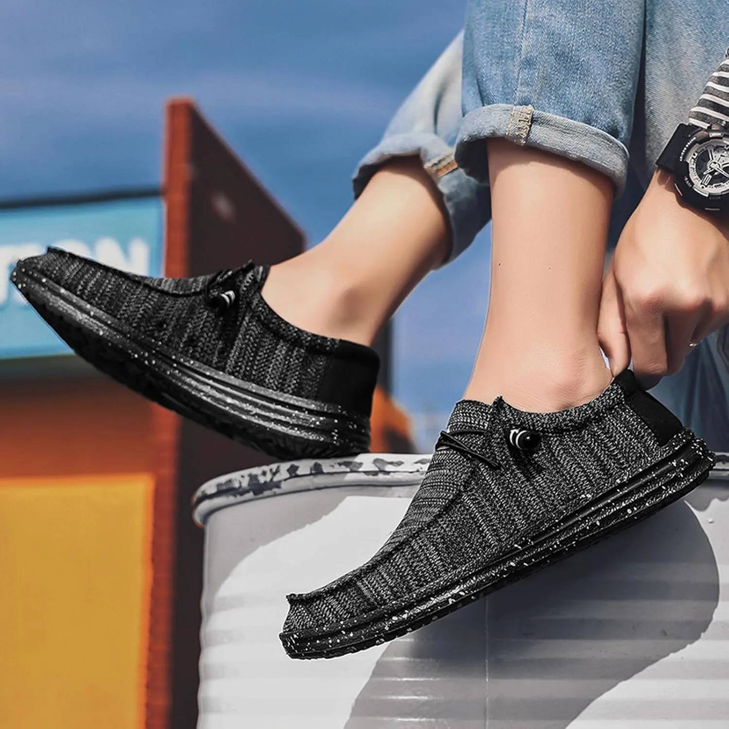 Men's Canvas Loafer Lightweight Softsole Flat Deck Shoes Vintage Casual Loafer Boat Shoes
