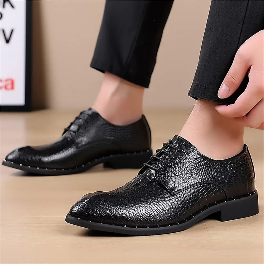 Mens Dress Shoes Formal Lace Up Crocodile Print PU Leather Rubber Sole Anti Slip Block Heel Low Top Wedding Casual Comfortable