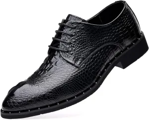 Mens Dress Shoes Formal Lace Up Crocodile Print PU Leather Rubber Sole Anti Slip Block Heel Low Top Wedding Casual Comfortable