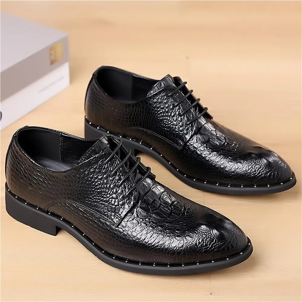 Mens Dress Shoes Formal Lace Up Crocodile Print PU Leather Rubber Sole Anti Slip Block Heel Low Top Wedding Casual Comfortable