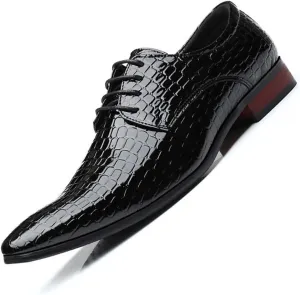 Men's Fashion Printed Dress Oxford Shoes,Pattern Patent Leather Classic Business Low-Top Pointed Toe Lace-Up Chunky Heel Derby Shoes,Party Wedding Groom Shoes