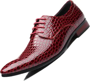 Men's Fashion Printed Dress Oxford Shoes,Pattern Patent Leather Classic Business Low-Top Pointed Toe Lace-Up Chunky Heel Derby Shoes,Party Wedding Groom Shoes