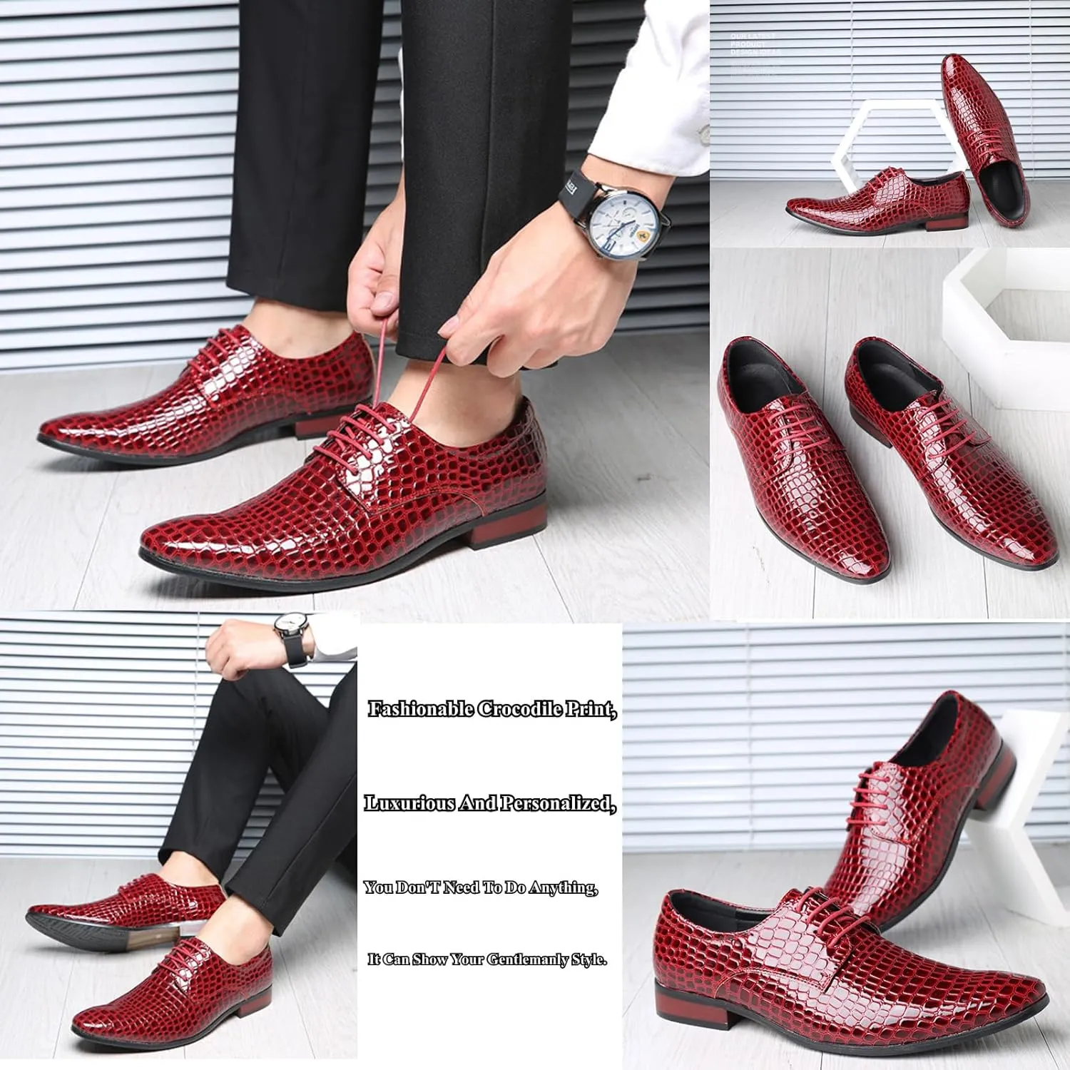Men's Fashion Printed Dress Oxford Shoes,Pattern Patent Leather Classic Business Low-Top Pointed Toe Lace-Up Chunky Heel Derby Shoes,Party Wedding Groom Shoes