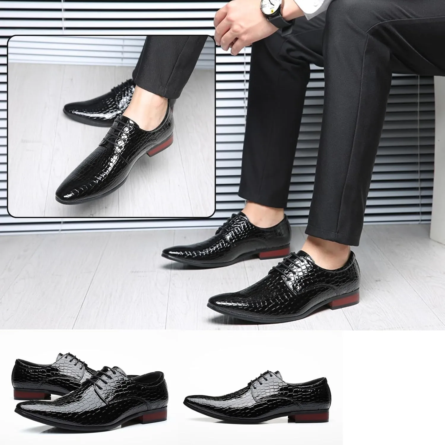 Men's Fashion Printed Dress Oxford Shoes,Pattern Patent Leather Classic Business Low-Top Pointed Toe Lace-Up Chunky Heel Derby Shoes,Party Wedding Groom Shoes