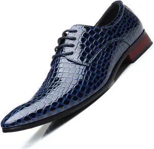 Men's Fashion Printed Dress Oxford Shoes,Pattern Patent Leather Classic Business Low-Top Pointed Toe Lace-Up Chunky Heel Derby Shoes,Party Wedding Groom Shoes