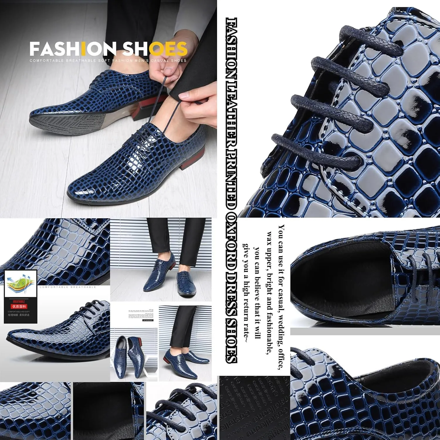 Men's Fashion Printed Dress Oxford Shoes,Pattern Patent Leather Classic Business Low-Top Pointed Toe Lace-Up Chunky Heel Derby Shoes,Party Wedding Groom Shoes