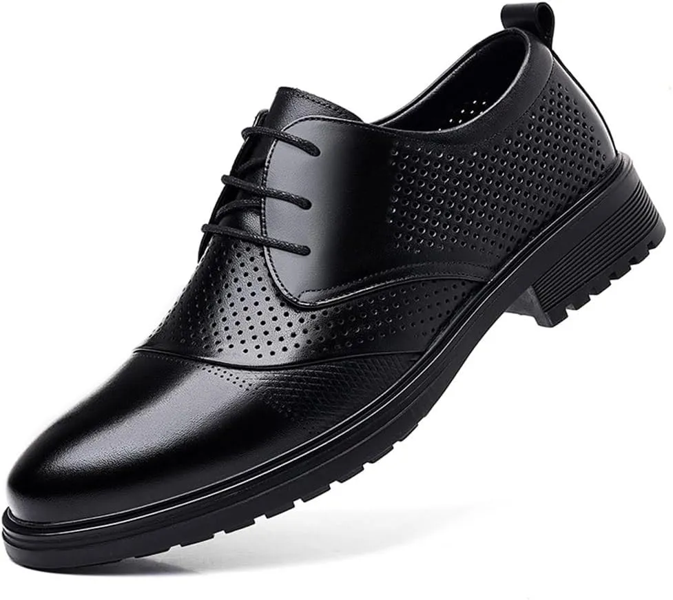 Men's Genuine Leather Formal Dress Shoes Hollow Out Breathable Lace Up Soft Sole Pointed Toe Business Casual Summer Sandals Trendy Style