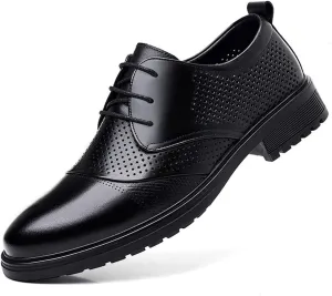 Men's Genuine Leather Formal Dress Shoes Hollow Out Breathable Lace Up Soft Sole Pointed Toe Business Casual Summer Sandals Trendy Style