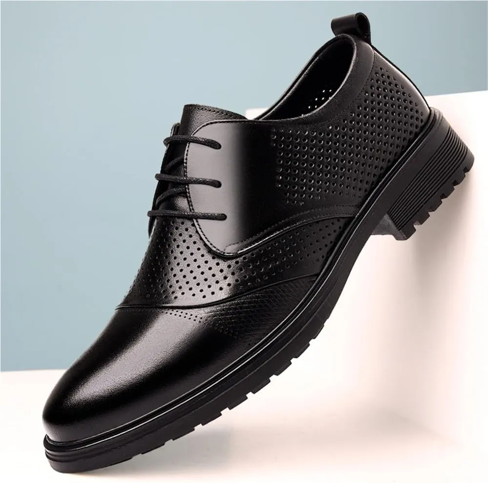 Men's Genuine Leather Formal Dress Shoes Hollow Out Breathable Lace Up Soft Sole Pointed Toe Business Casual Summer Sandals Trendy Style