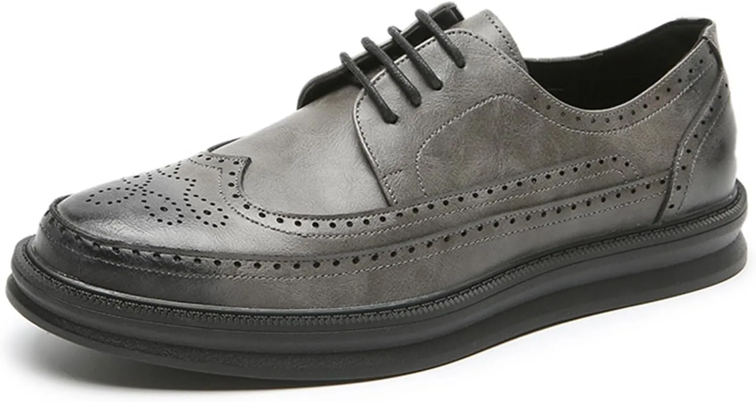 Men's Leather Brogue Wingtip Oxford Sneakers Classic Lace-Up Perforated Low Top Derby Shoes Casual Office Work Formal Dress Shoes