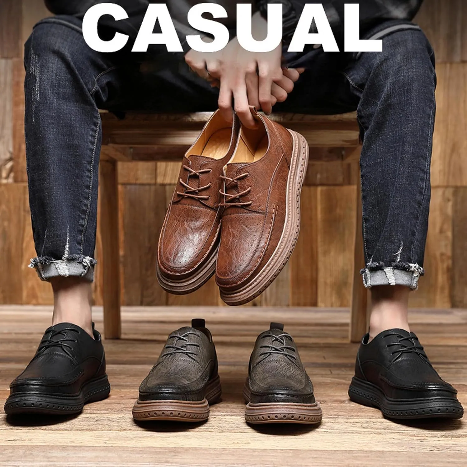 Men's Leather Casual Dress Shoes Oxfords Comfort Business Lace Up Slip On Fashion Dress Sneakers Formal Office Shoes Derby Sneakers