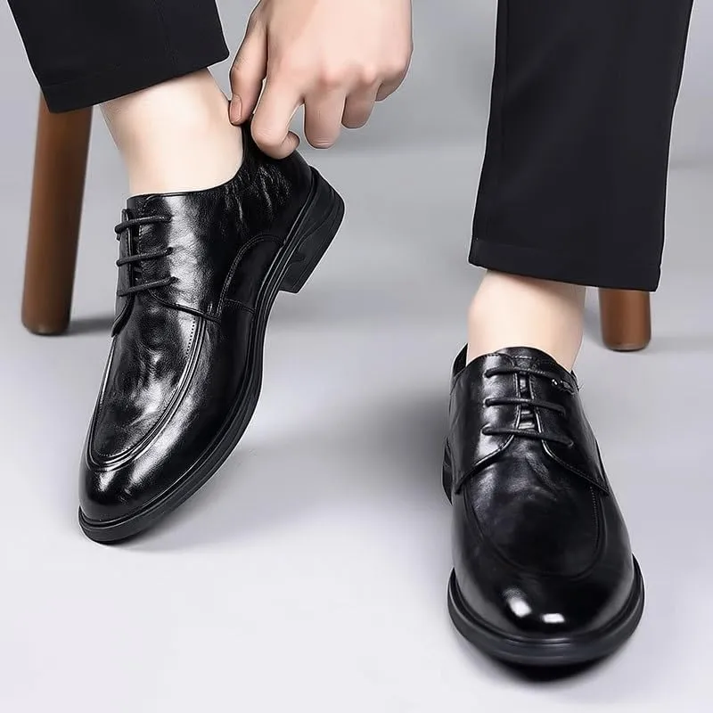 Mens Leather Derby Shoes Genuine Leather British Style Business Formal Wedding Shoes Lace Up Office Shoes(Black,7.5)